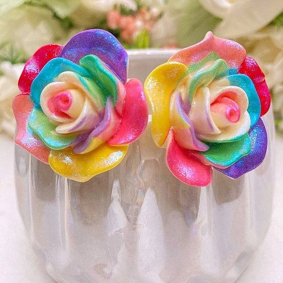 Flower rainbow Rose stud statement earrings Boho multicolor acrylic 💖 - Picture 5 of 17